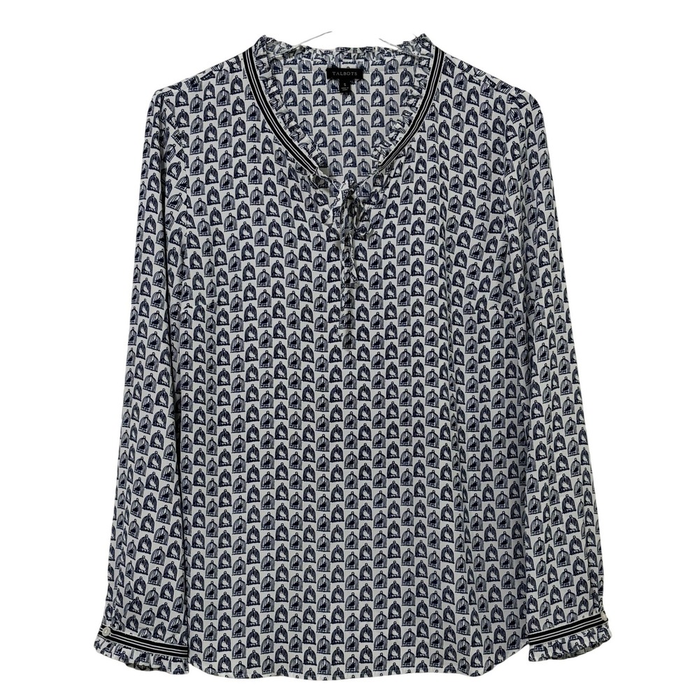 Talbots Womens - Size Small -Navy Blue Birdcage Print Ruffle Tie Neck‎ Blouse